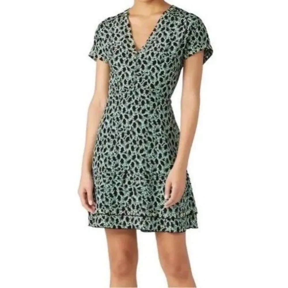 Derek Lam 10 Crosby short sleeve silk blend leaf print gold grommet detail dress